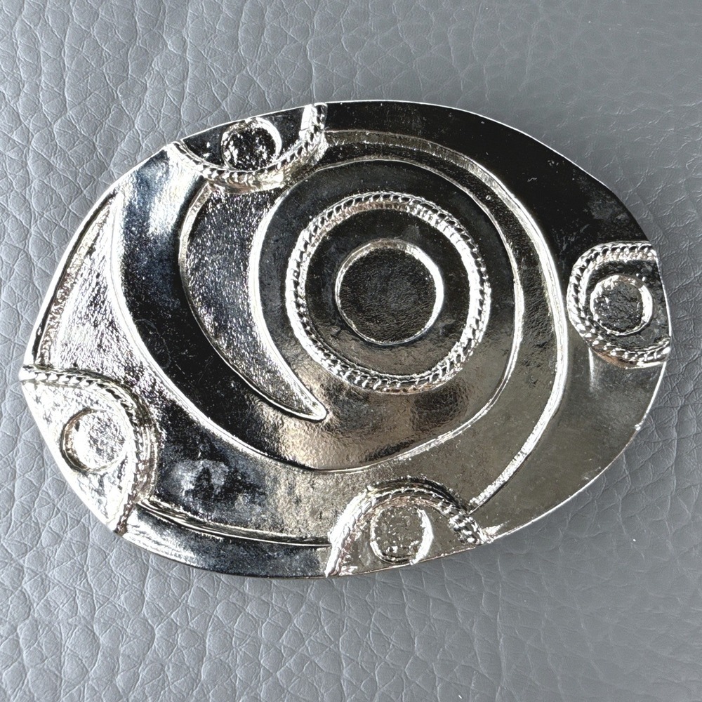 Vintage‎ Belt Buckle Brooch Brutalist Abstract Modernist Silver Tone Oval Pin